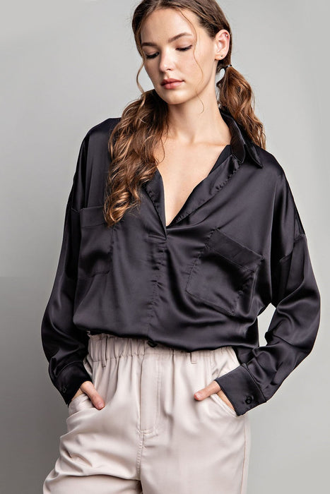 SATIN TAB COLLAR LONG SLEEVE TOP - BLACK - LARGE