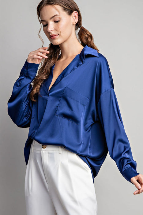 SATIN TAB COLLAR LONG SLEEVE TOP