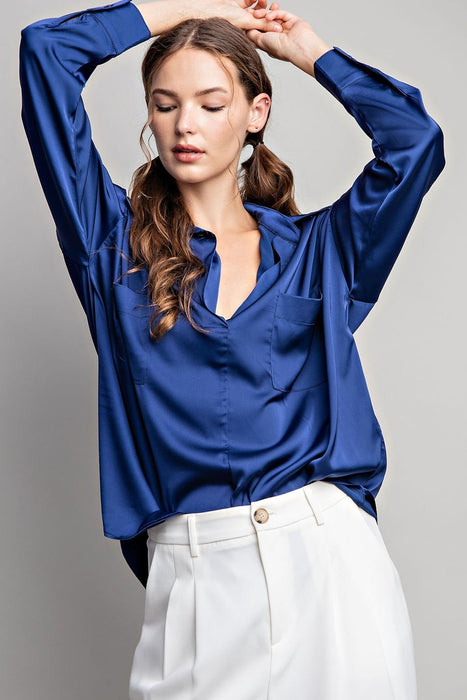 SATIN TAB COLLAR LONG SLEEVE TOP