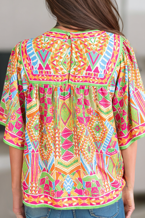 Women Fashion Geometric Print Loose Babydoll Blouse | S-XL