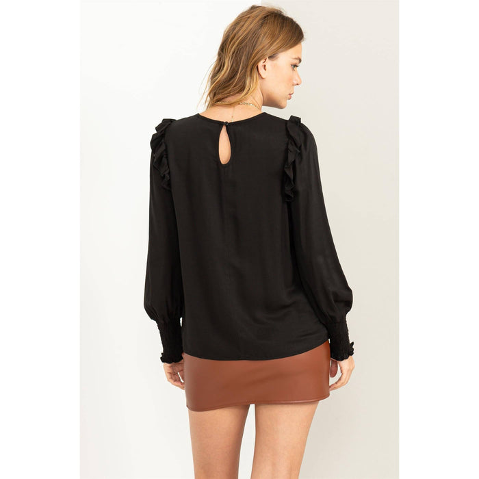 SMOCKED RUFFLE KEYHOLE LONG SLEEVE TOP/BLACK