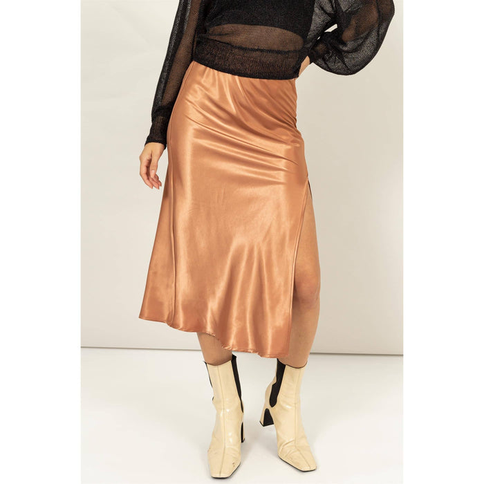 SATIN MIDI SKIRT WITH SIDE SLIT AND HIGH WAIST/BROWN