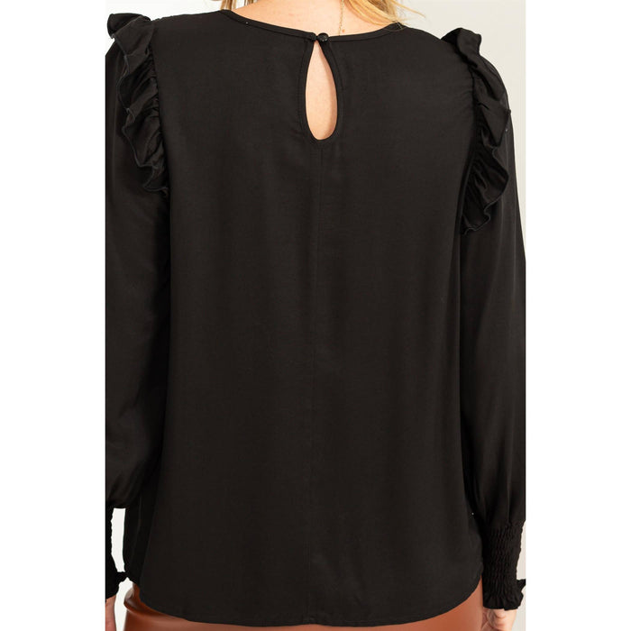 SMOCKED RUFFLE KEYHOLE LONG SLEEVE TOP/BLACK