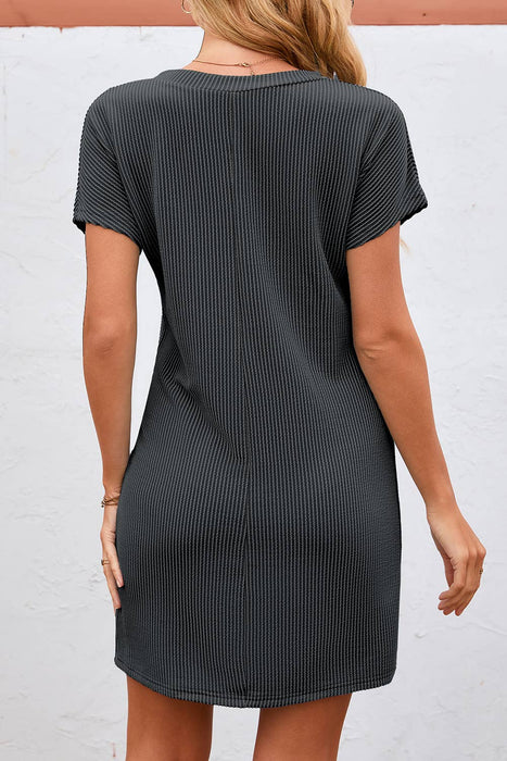 Women Striped Ribbed Pocket Knit T-shirt Shift Dress | S-XL