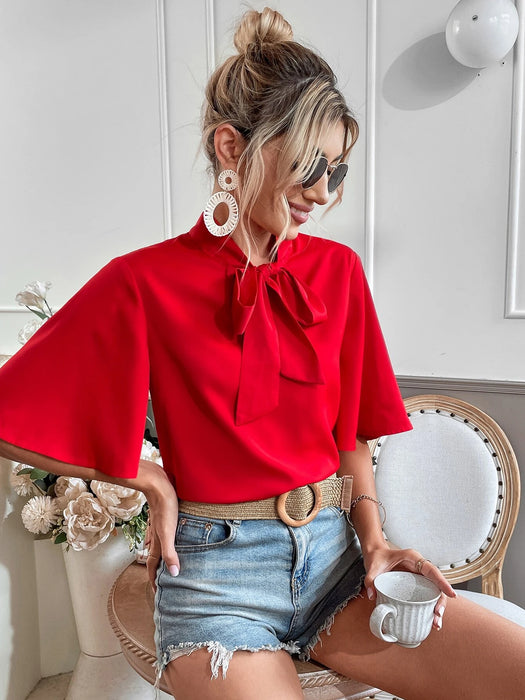 Tie Neck Flounce Sleeve Blouse