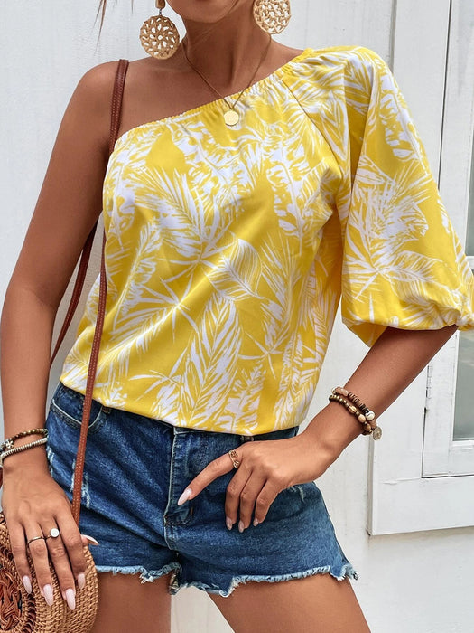 Tropical Print One Shoulder Lantern Sleeve Blouse