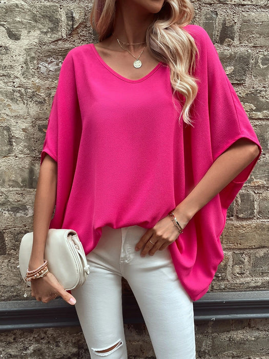 Solid Batwing Sleeve V Neck Blouse PINK