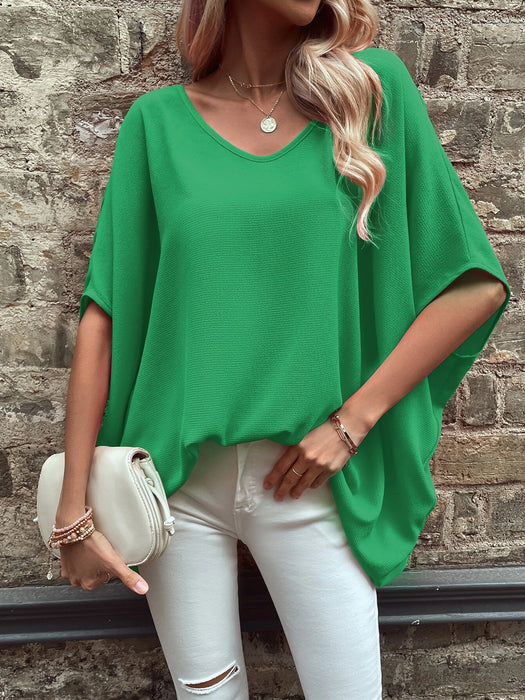 Solid Batwing Sleeve V Neck Blouse GREEN