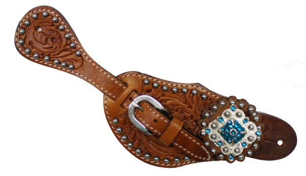 SHOWMAN LADIES SPUR STRAP - FLORAL WITH BLUE RHINESTONES