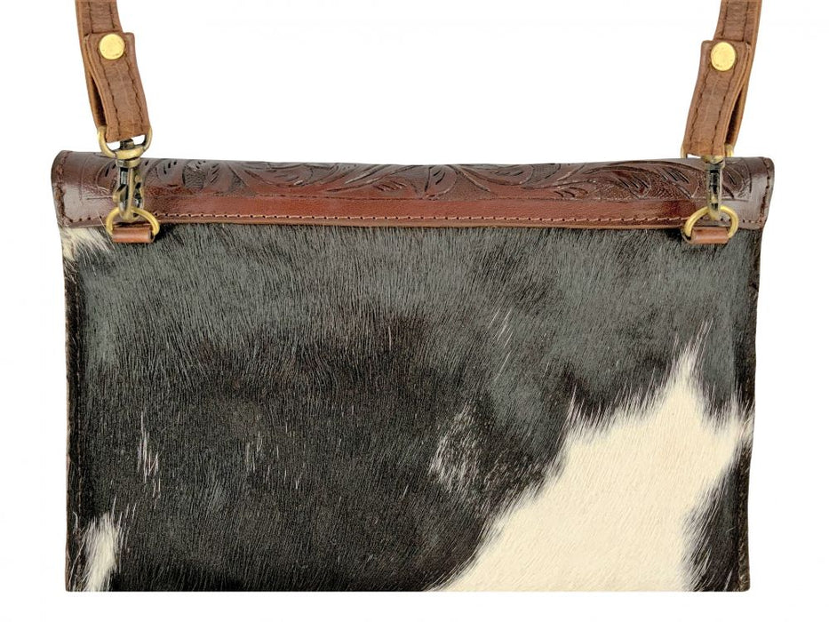 Klassy Cowgirl  Dark Leather Crossbody Bag with Black and White hair on cowhide