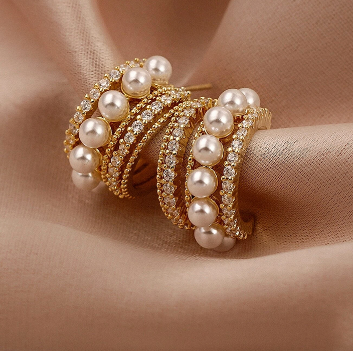 Rhinestone & Faux Pearl Decor Hoop Earrings